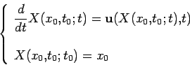 \begin{displaymath}
\left\{
\begin{array}{l}
\displaystyle \frac{d}{dt}X(x_0,t_0...
...(x_0,t_0;t),t)\\
 \\
X(x_0,t_0;t_0) = x_0
\end{array}\right.
\end{displaymath}