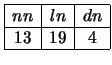 $\begin{array}{\vert c\vert c\vert c\vert}
\hline
nn & ln & dn\\ \hline
13 & 19 & 4\\ \hline
\end{array}$