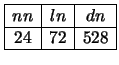 $\begin{array}{\vert c\vert c\vert c\vert}
\hline
nn & ln & dn\\ \hline
24 & 72 & 528\\ \hline
\end{array}$