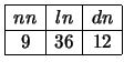 $\begin{array}{\vert c\vert c\vert c\vert}
\hline
nn & ln & dn\\ \hline
9 & 36 & 12\\ \hline
\end{array}$
